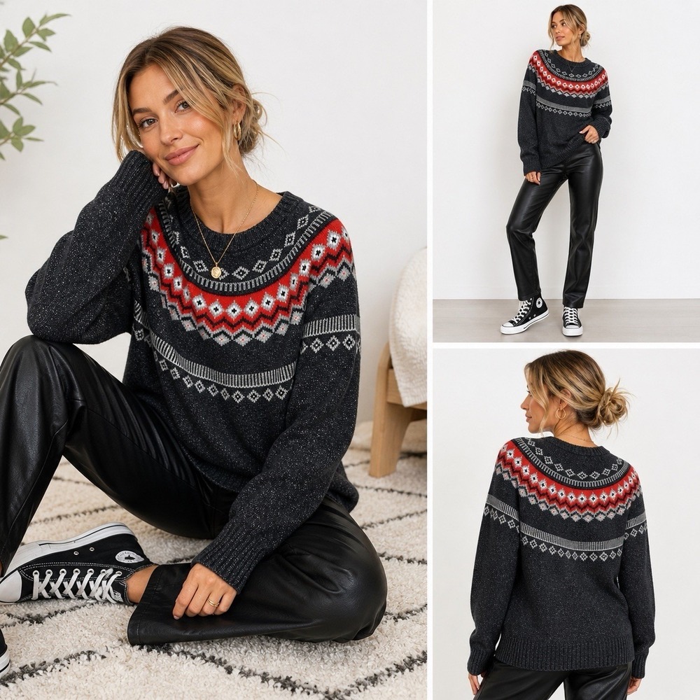 Weatherproof Womens Small Gray Fair Isle Nordic Sweater Red Crewneck Cozy